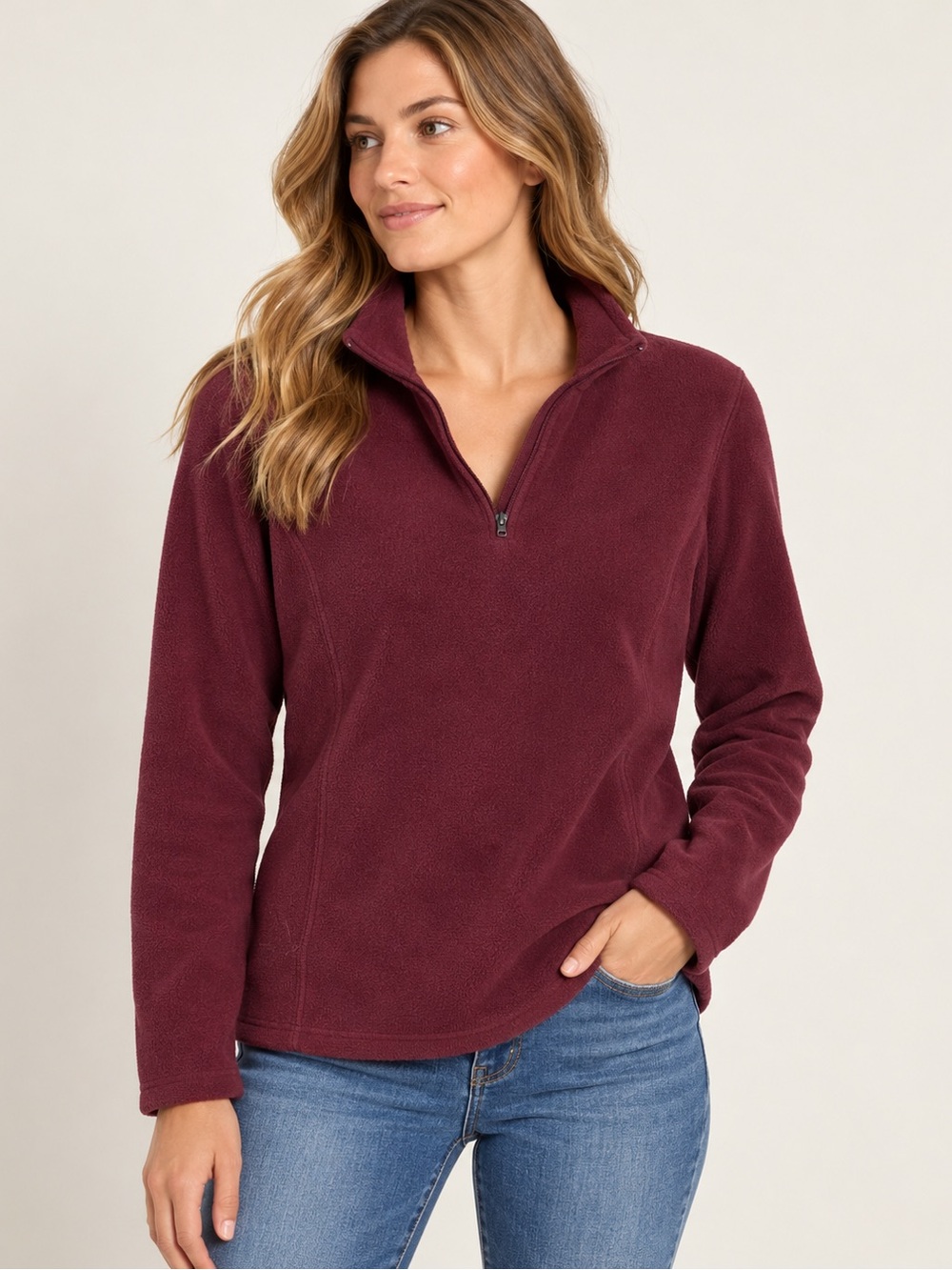 Eddie Bauer Womenโs Medium Polartec Fleece 1/4 Zip Pullover Burgundy Outdoor